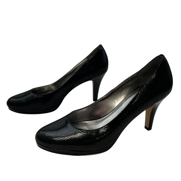AK Anne Klein Black Leather Snakeskin Round Toe Heels Black Size 10M - Picture 1 of 9